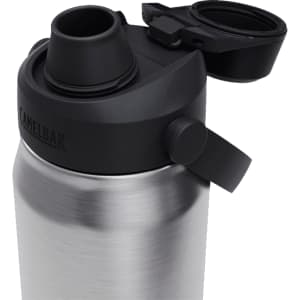 A drink bottle featuring a stainless steel body with a black cap and spout, including a logo on the side.