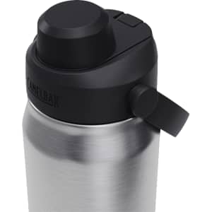 A drink bottle in stainless steel with a black lid and integrated handle, featuring a logo on the cap.