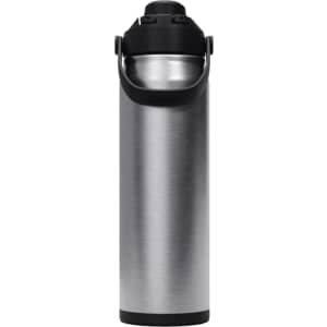 A drink bottle in a sleek silver and black design, featuring a secure lid and a carry handle.