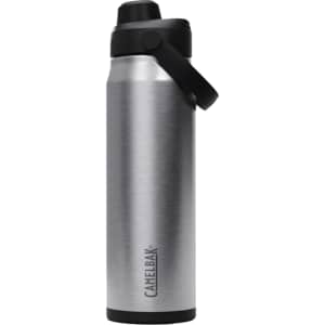A drink bottle in stainless steel with a black cap and a logo, designed for easy chugging.