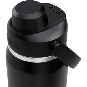 A drink bottle in black with a twist top and a spout, featuring a logo on the side.