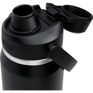 A drink bottle in black with a silver band, featuring a lid and a straw opening, and a branding logo.