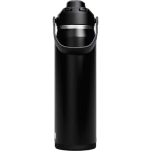 A drink bottle in matte black with a silver band, featuring a handle and a screw-top lid. It has a logo.