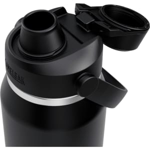 A drink bottle in black with a grey band and a twist-top lid featuring a spout. It has a logo on one side.
