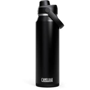 A drink bottle in matte black, featuring a screw-top lid and a carry handle, with a visible logo.