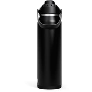 A drink bottle in black with a silver band, featuring a handle and a spout cap. It has a logo on the side.