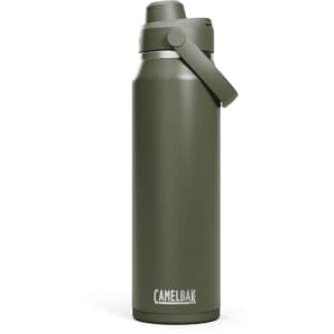 A drink bottle in matte olive green with a flip-top lid and a side handle. It features a brand logo.