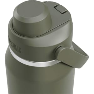 A drink bottle in olive green with a black lid, featuring a logo and a screw-top opening mechanism.