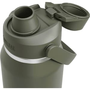 A drink bottle in olive green with a screw-on lid and a flip top cap, featuring a logo on the side.