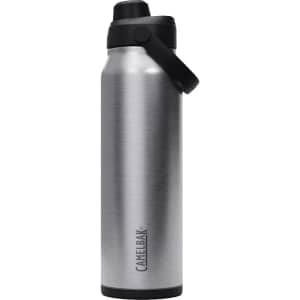 A drink bottle featuring a sleek silver stainless steel design with a black cap and carrying handle.
