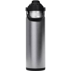 A drink bottle in a sleek silver finish with a black lid and handle. It features a branding logo.