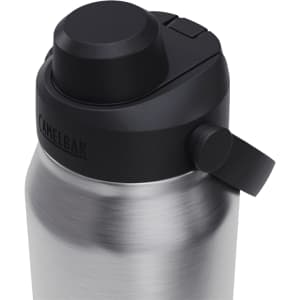 A drink bottle with a stainless steel body and a black, secure lid featuring a spout and lever. It has a logo.