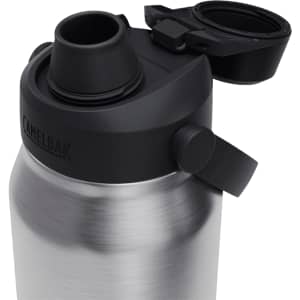 A drink bottle featuring a stainless steel body and a black cap with a spout. It includes a logo.