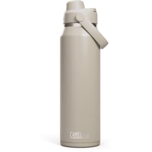 A drink bottle in a light beige colour with a screw-top lid and a handle, featuring a logo on the side.