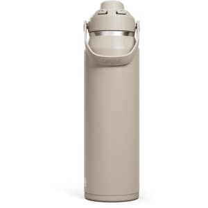 A drink bottle in a soft beige colour with a carrying handle and a spout. It features a logo on the side.