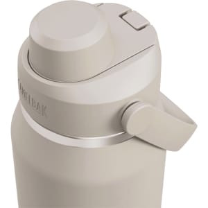 A drink bottle in a light grey colour with a twist cap and a handle for easy carrying. It features a logo.