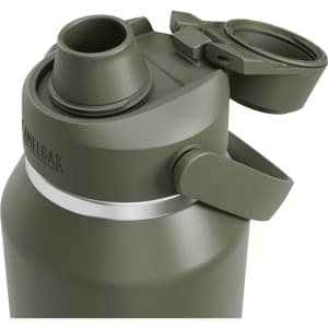 A drink bottle in olive green with a wide mouth and a screw-on lid featuring a cap and a logo.