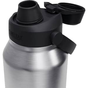 A drink bottle featuring a silver stainless steel body with a black lid and spout, complete with a branding logo.