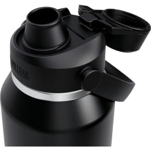 A drink bottle in black with a twist cap and a spout, featuring a logo on the side.