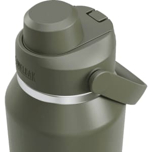 A drink bottle in olive green with a grey band and a secure flip-top lid, featuring a logo on the side.