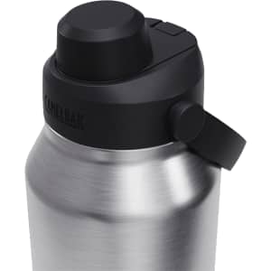 A drink bottle with a stainless steel body and black lid featuring a carrying handle and a push-button spout.