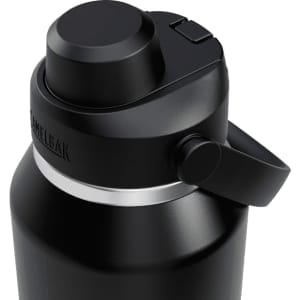 A drink bottle in black with a screw-on lid and a carrying handle, featuring a logo on the side.
