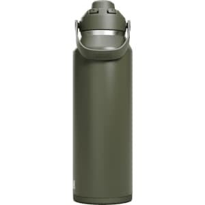 A drink bottle in olive green with a silver cap and handle, featuring a logo on the side.