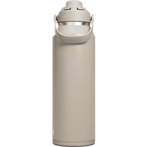 A drink bottle in a light beige colour with a metal lid and carrying handle, featuring a logo.