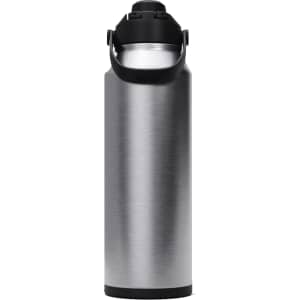 A drink bottle with a sleek silver exterior and black lid, featuring a built-in handle and a logo.