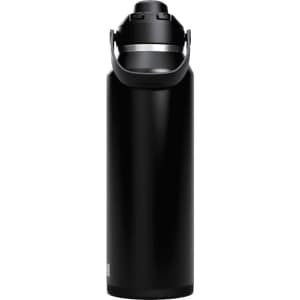 A drink bottle in black with a silver accent, featuring a screw-on lid and a handle, designed for easy carrying.