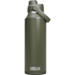 A drink bottle featuring a matte olive green finish and a secure lid with a handle. It has a logo on the front.