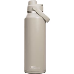 A drink bottle in a muted beige colour with a secure flip-top lid and a brand logo on the side.