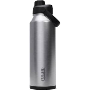 A drink bottle with a sleek stainless steel design, featuring a black lid and handle, and a logo on the side.