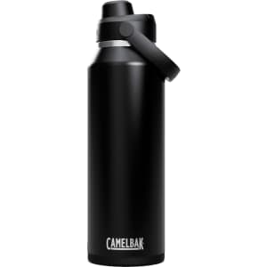 A drink bottle in matte black with a flip-top lid and a carry strap, featuring a logo on the front.