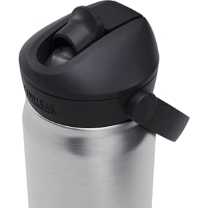 A drink bottle in stainless steel with a black lid and flip straw, featuring a logo on the side.
