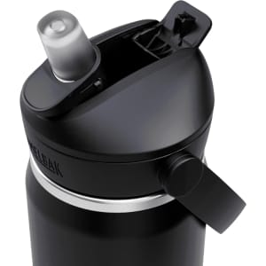 A drink bottle with a black finish, featuring a flip straw lid and a logo.