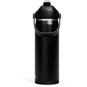 A drink bottle in black with a flip straw and carrying handle, featuring a logo on the side.