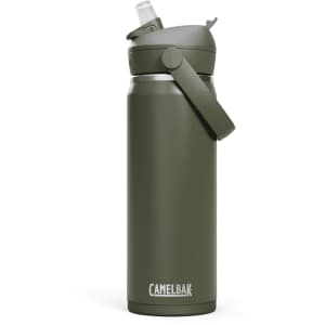 A drink bottle in olive green with a flip straw and a removable lid, featuring a logo at the base.