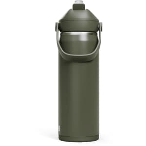 A drink bottle in olive green with a flip straw and a carrying handle. The bottle features a logo.