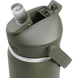 A drink bottle in an olive green shade featuring a flip straw and a built-in cap. It has a logo on the side.