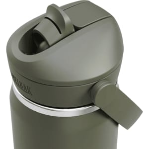 A drink bottle with a flip straw top, featuring an olive green body and a silver rim. It has a logo on the side.