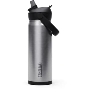 A drink bottle in stainless steel with a black flip straw and a handle, featuring a logo.