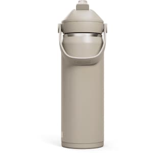 A drink bottle in a muted beige colour with a flip straw and a carry handle, featuring a logo.