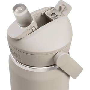 A drink bottle in a light beige colour featuring a flip straw and a secure lid, with a logo on the side.