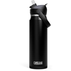 A drink bottle in matte black with a flip straw lid and a carry handle, featuring a logo.