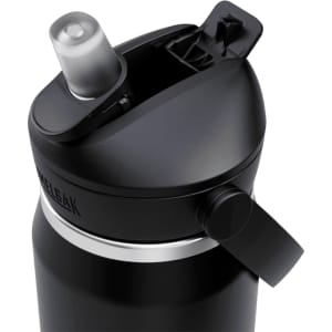 A drink bottle in black, featuring a flip straw lid and a shiny silver band, with a logo on the side.