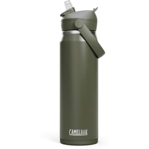 A drink bottle in olive green with a flip straw and an attached carry handle. It features a logo.