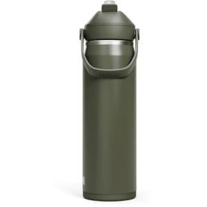 A drink bottle in olive green with a flip straw lid and carrying handle, featuring a logo on the side.