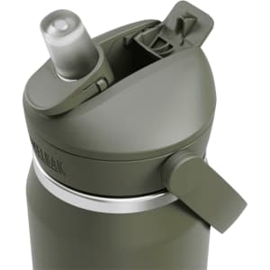 A drink bottle in olive green with a flip straw and a lid, featuring a branding logo.