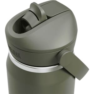 A drink bottle in olive green with a flip straw lid and a silver accent, featuring a branding logo.